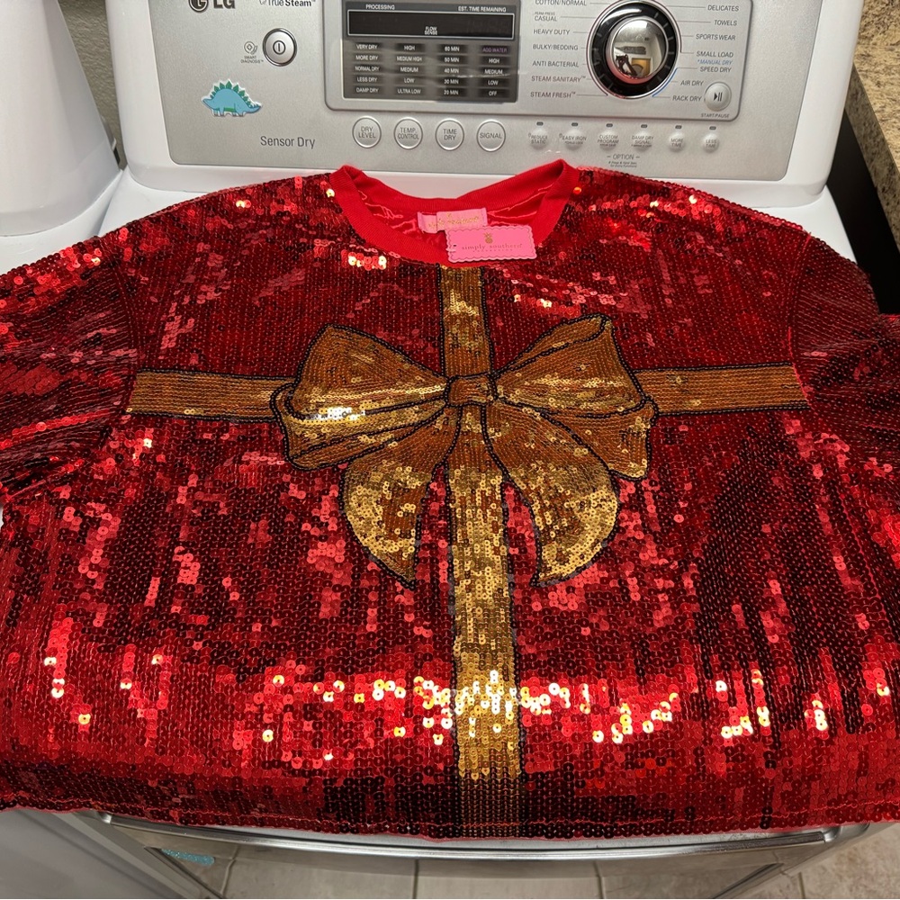 Simply Southern Red Sequin Christmas present tee with bow